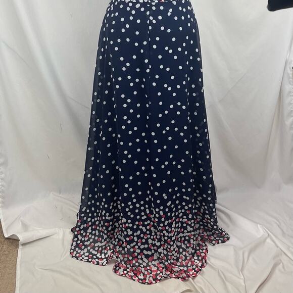 R & K Sheer Navy White Polka Dots Pleated Belted Feminine Maxi Dress NWOT Size 8 - Picture 7 of 13